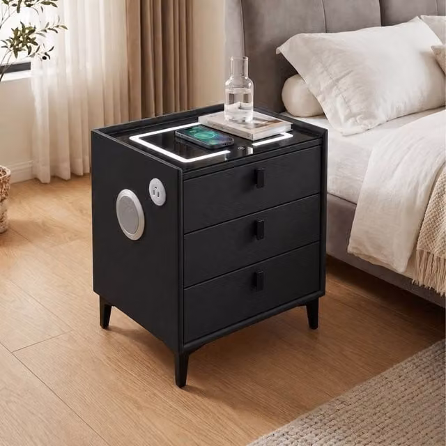 Sliding Wardrobes 4U Multifunctional Black Bedside Table with LED Lighting, USB Charging Port and Bluetooth Speaker – 1