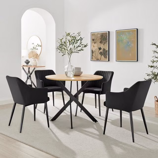 FurnitureboxUK Novara Round Oak Veneer Dining Table and 4 Black Calla Chairs in Brown, Diameter: 100 cm