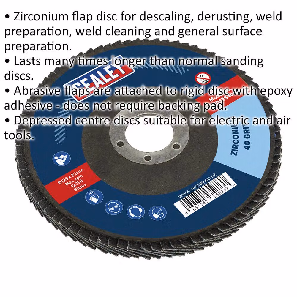 Loops 125mm Zirconium Flap Disc with 22mm Bore and Depressed Centre, 40 Grit, Blue – 2