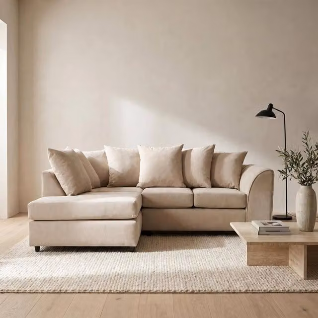 Abakus Direct Harriet Relaxed Linen Left Facing Corner Sofa with Chaise and Scatter Cushions in Beige – 1