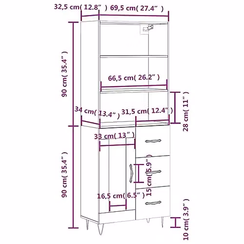 vidaXL Modern Black Highboard with Glass Doors and Internal Shelves, W/D/H: 69.5 x 34 x 180 cm – 3