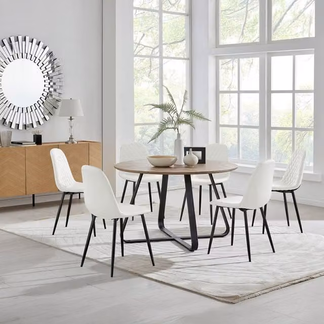 FurnitureboxUK Santorini Brown Round Dining Table and 6 Corona Black Leg Chairs in White