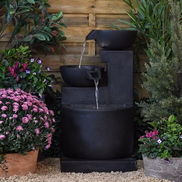 Serenity Modern Round Three Bowl Cascading Tabletop Water Feature in Dark Grey Ceramic