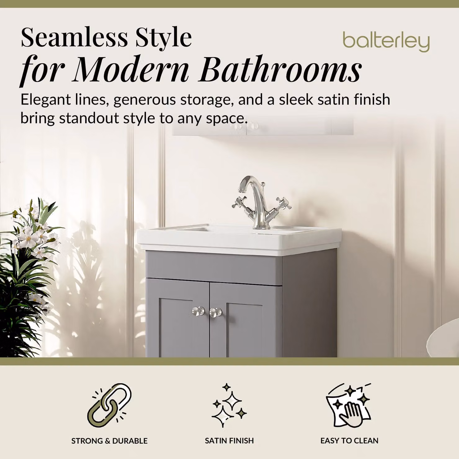 Balterley Grey 2-Door Freestanding Bathroom Floor Vanity Unit with Fireclay Basin – 2