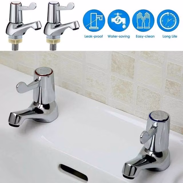 NESTLUNE Pair of Silver Basin Sink Pillar Taps with Disabled Lever – 1