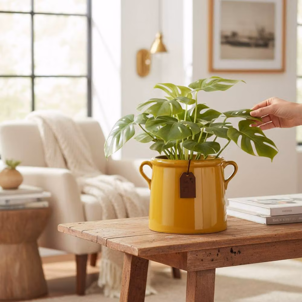 Four Candle Burnt Yellow Ceramic Round Pot Vase with Twin Handles, Height: 15 cm – 2