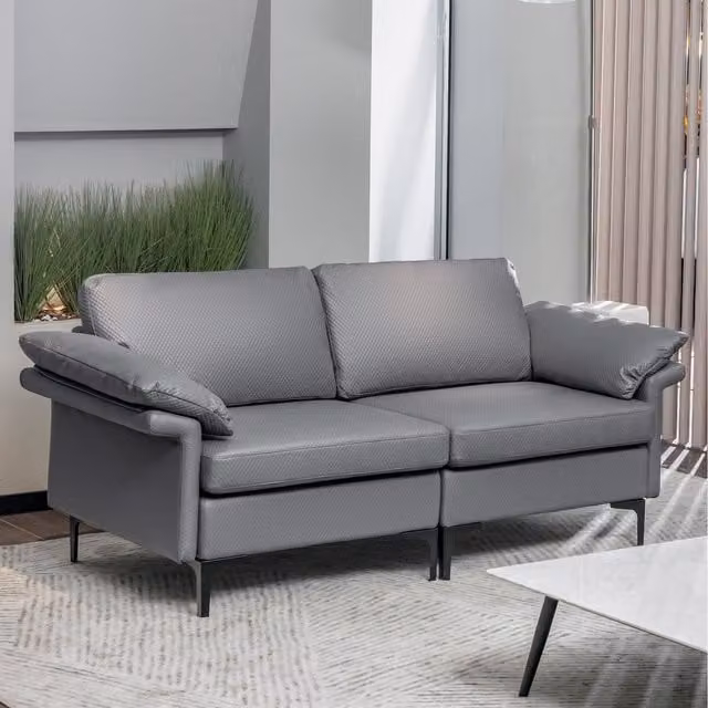 Costway Modern 2-Seat Sectional Sofa Couch in Grey with Fabric and Synthetic Leather Upholstery