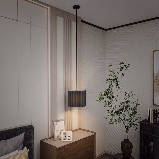 HOMCOM Modern Black Fabric Cylinder Pendant Light with E27 Lampshade
