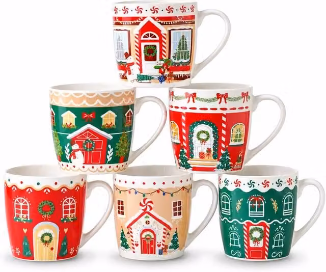 Simpa Christmas Village Bone China Mug Collection, Multicolour, Set of 6, 350ml per mug – 1