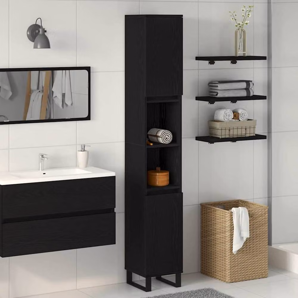 Berkfield Home Modern Black Oak Bathroom Cabinet with Hinged Doors and Open Shelf, W/D/H: 30 x 30 x 190 cm – 2