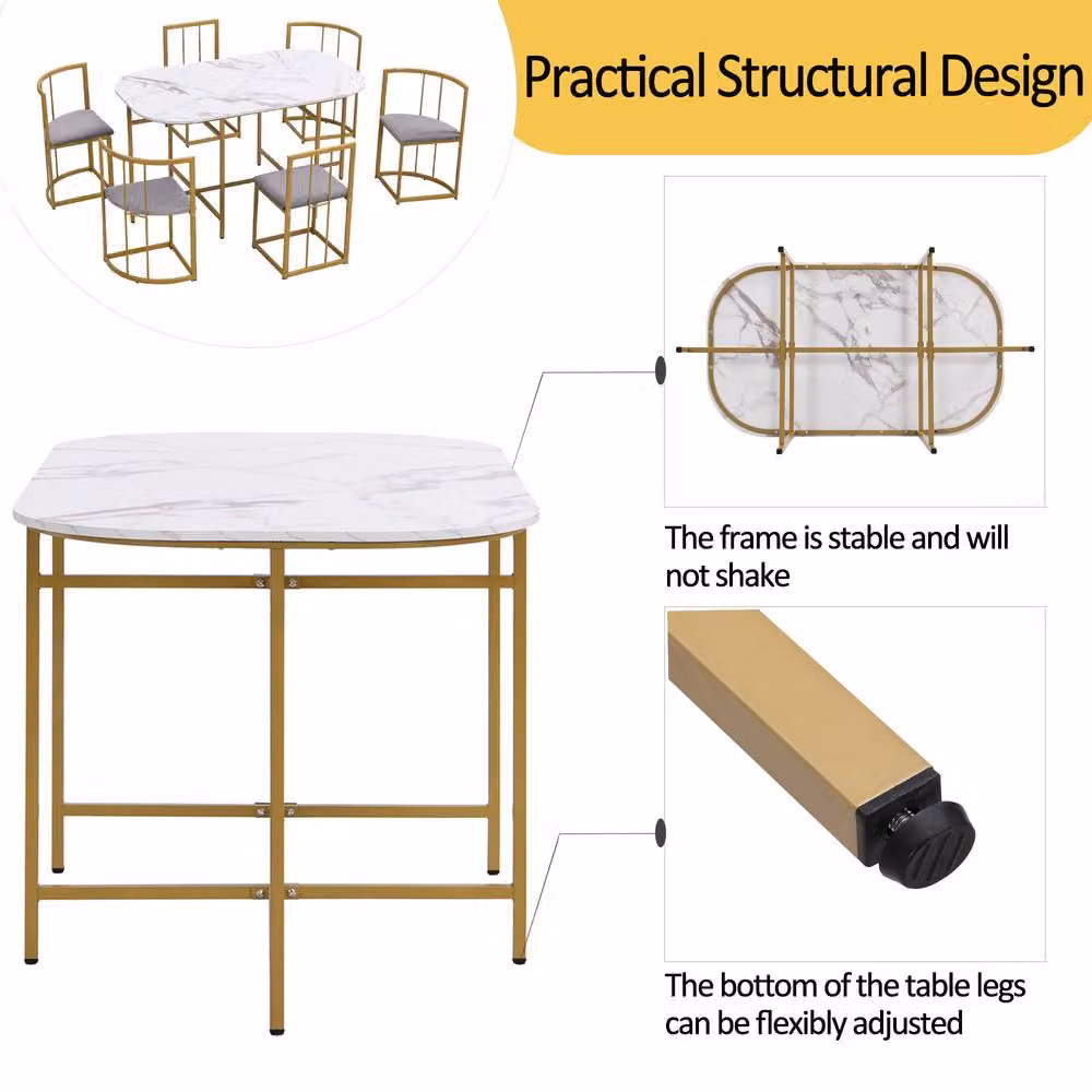 Rolipo Modern White Oval Dining Table Set with 6 Grey Velvet Chairs and Gold Legs – 4