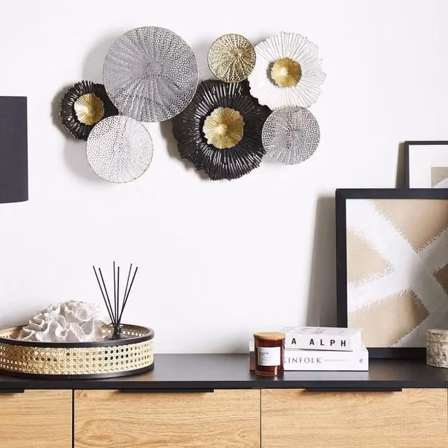 Wyld and Coco Circles 3D Geometric Metal Wall Art in Black, Silver, Gold and White, W64 x D5 x H38 cm – 1