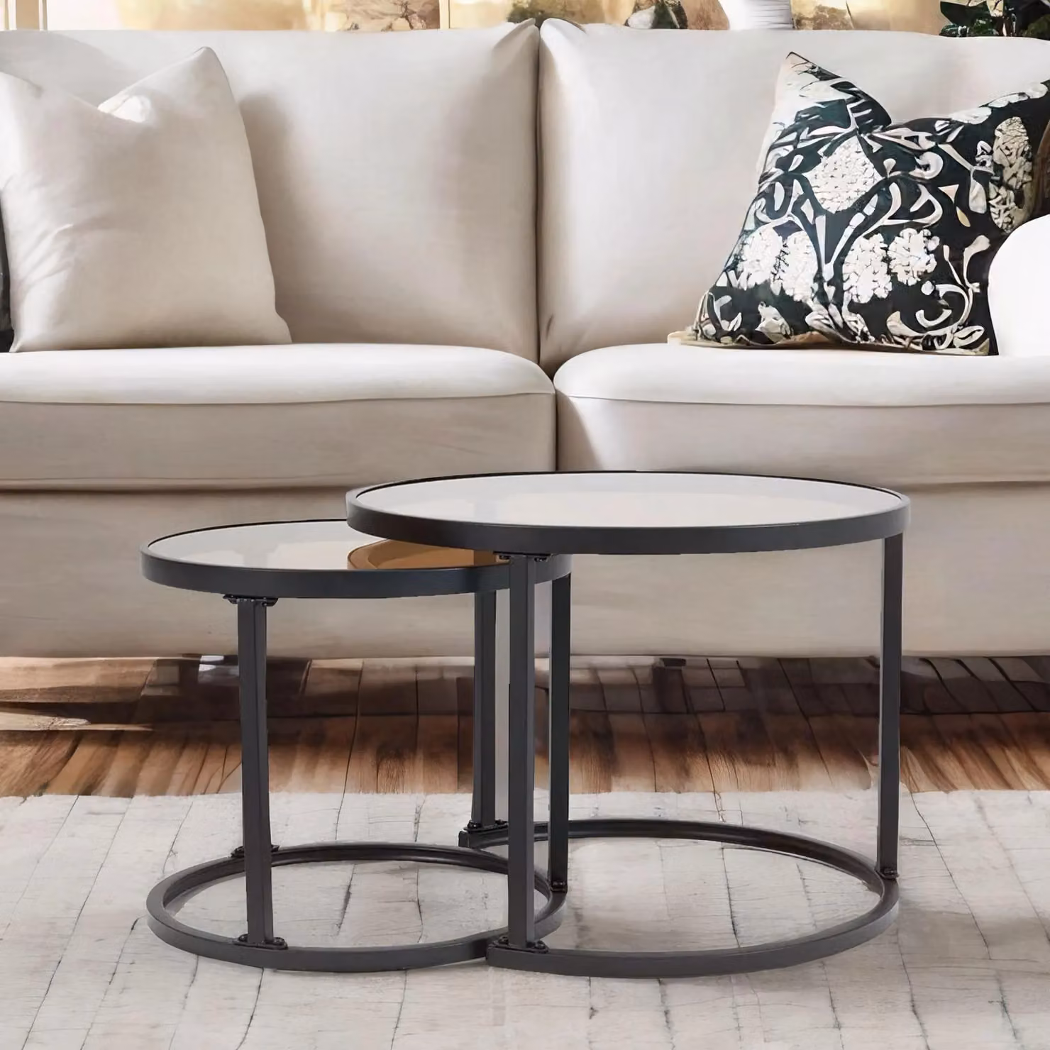 FURNOS Set of 2 Round Nesting Tables with Black Tempered Glass Tops – 2