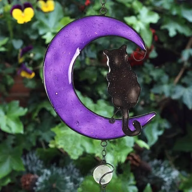 Uniqueful Black Cat Windchime in Black and Purple, Height: 120 cm