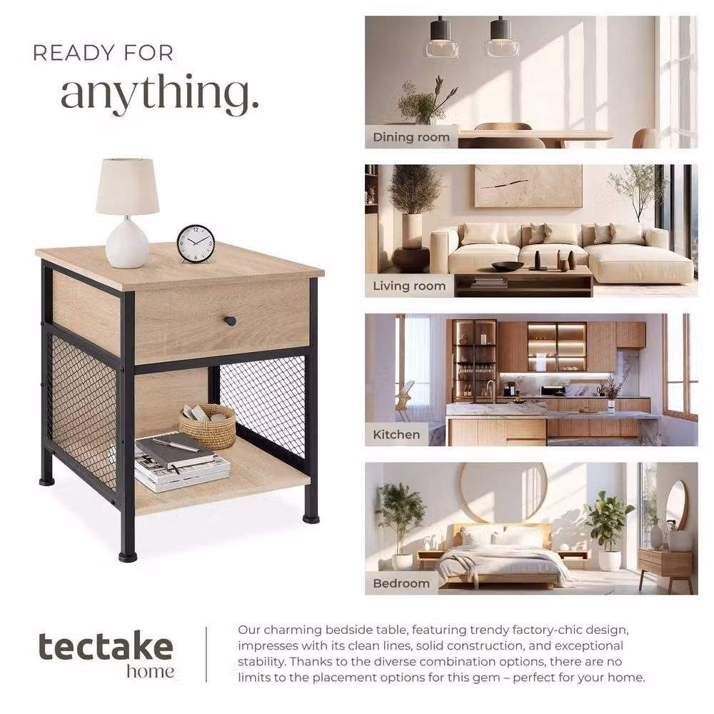tectake Killarney Bedside Table with Shelf, Drawer and Open Storage in Light Oak – 6