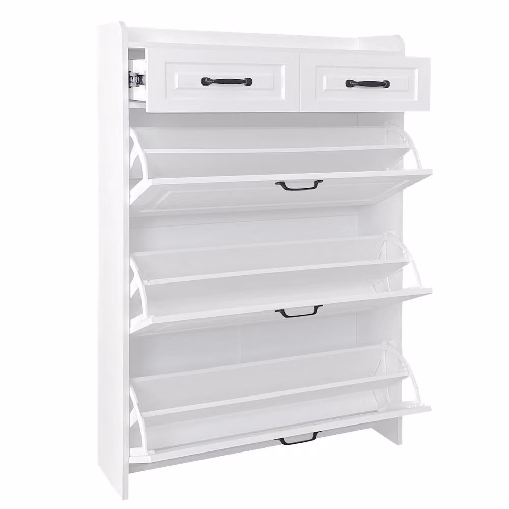 Rolipo Narrow White Wooden Shoe Cabinet with 3 Tilting Doors and 2 Drawers – 4