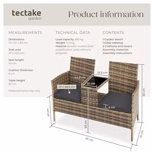 tectake Outdoor Rattan Bench with Integrated Table and Cushions, W/D/H: 133 x 63 x 84 cm, Nature/Grey – 6