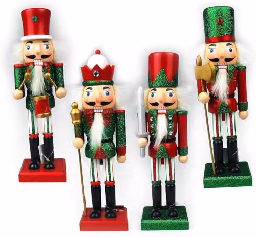 SHATCHI Set of 4 Red and Green Wooden Christmas Nutcracker Soldier, King and Drummer Tabletop Ornaments, Height: 25 cm – 3