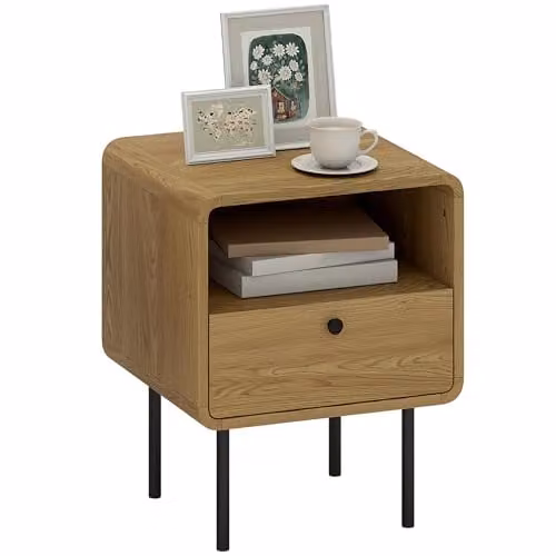 HOMCOM Modern Bedside Table with Storage Drawer and Shelf in Oak – 1