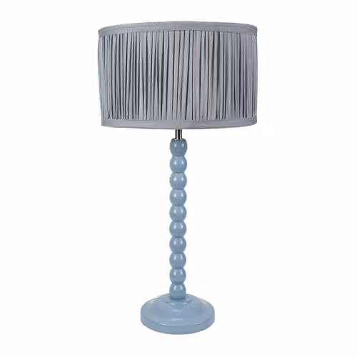 ValueLights Powder Blue Bobbin Stem Table Lamp with Ruched Pleated Fabric Shade and LED Bulb