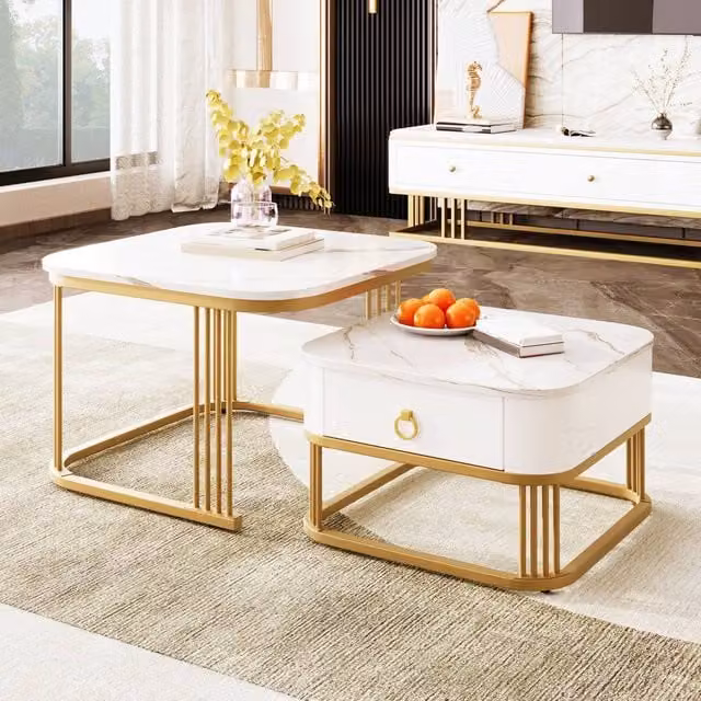 ModernLuxe Nestable Coffee Table Set of 2 with Drawer in White and Gold