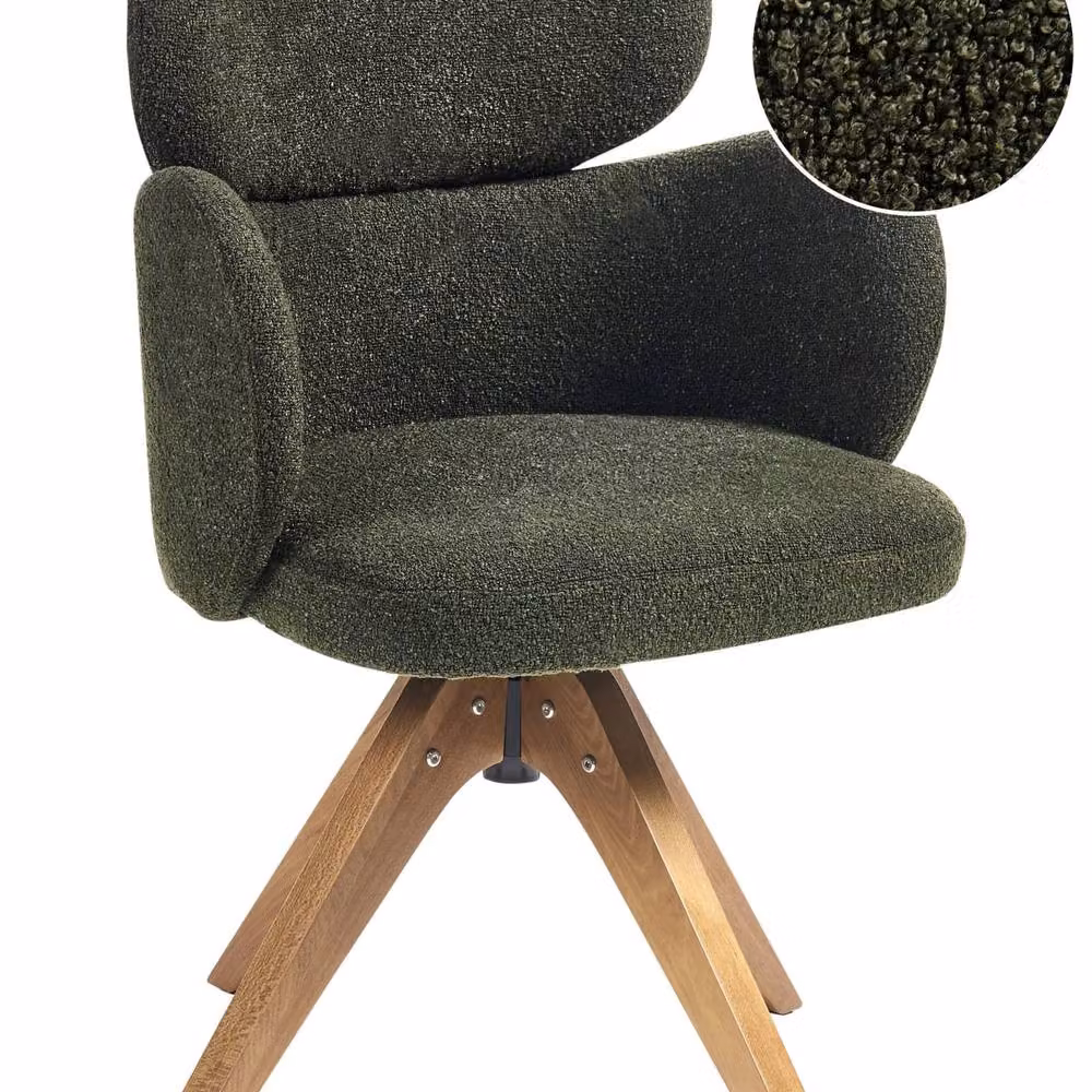 Wyld and Coco Nordique Swivel Dining Chair in Dark Green Bouclé Fabric with Oak Wood Details – 2