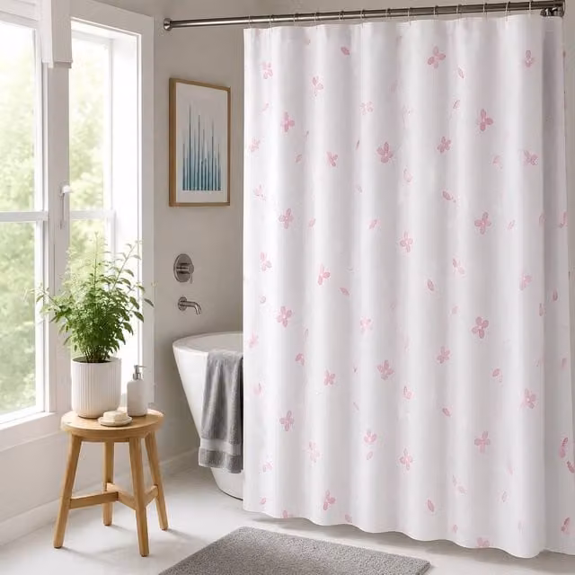Showerdrape Sakura White & Pink Floral Waterproof Polyester Shower Curtain, H 180 cm