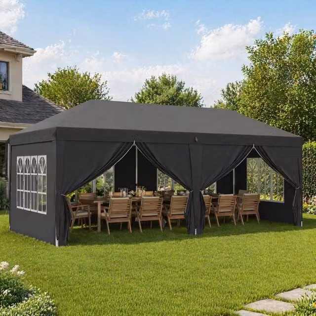 STILVORA Pop Up Gazebo with Sides and Windows, Black and Silver, W: 600 cm, D: 300 cm, H: 270 cm
