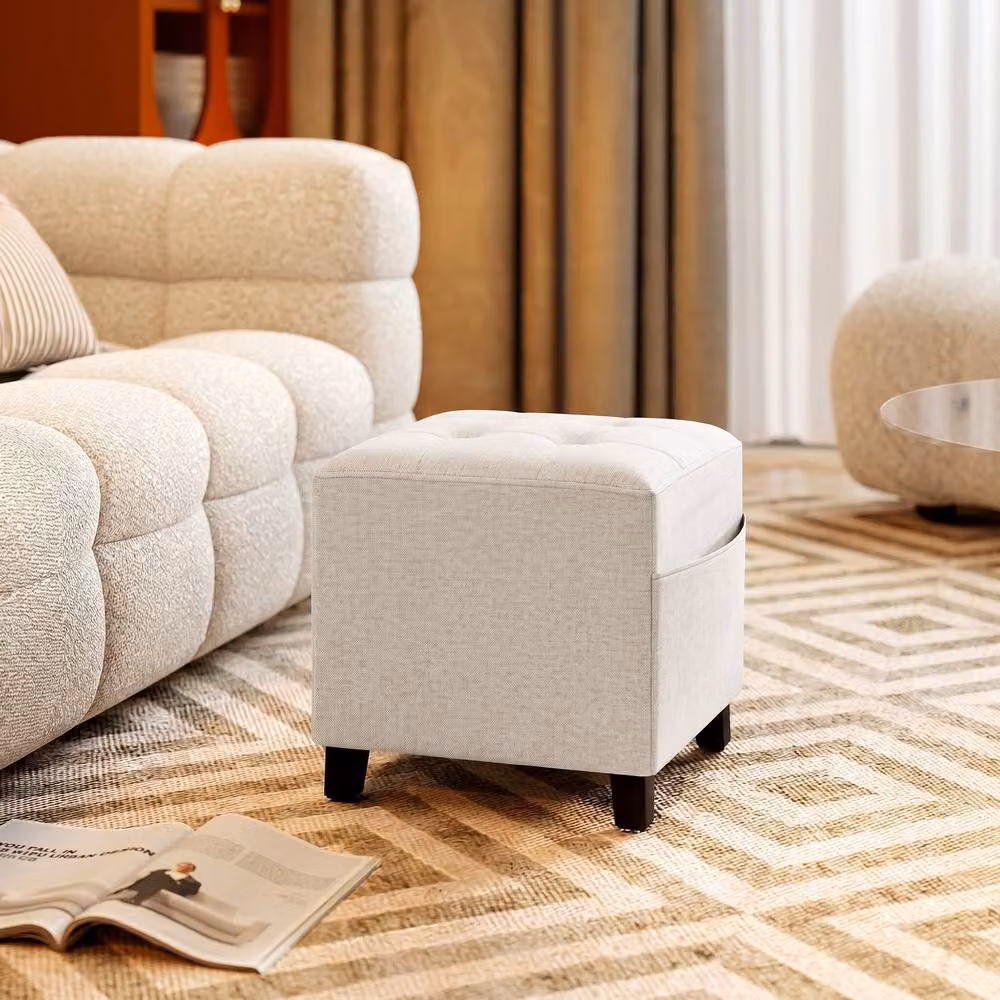 STILVORA Beige Fabric Footstool with Storage and Pocket and Rubberwood Frame – 2