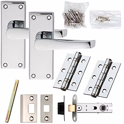 Loops Chrome Straight Lever Door Handle and Latch Pack with Square Backplate, W: 118 mm x H: 42 mm