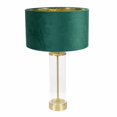 ValueLights Balan Table Lamp with Green Velvet Shade, Gold and Transparent Glass Tube and Warm White LED Bulb – 1