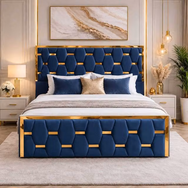 K Mehmood Enterprise Ltd Modern Blue Velvet Upholstered Ottoman Bed with Geometric Tufted Headboard and Lift Up Base