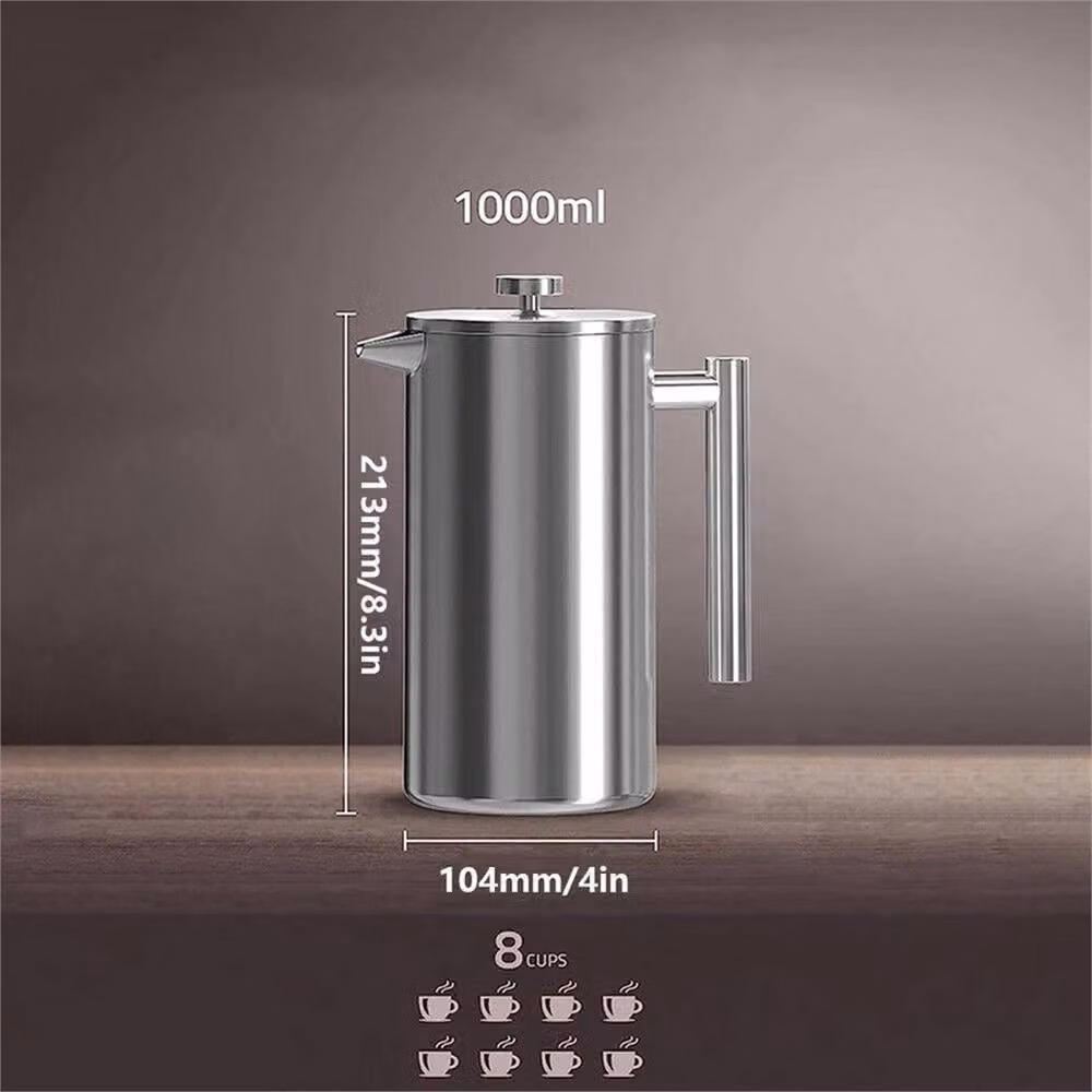 EONLION Stainless Steel Double Wall Cafetiere, Silver, 1000ml – 2