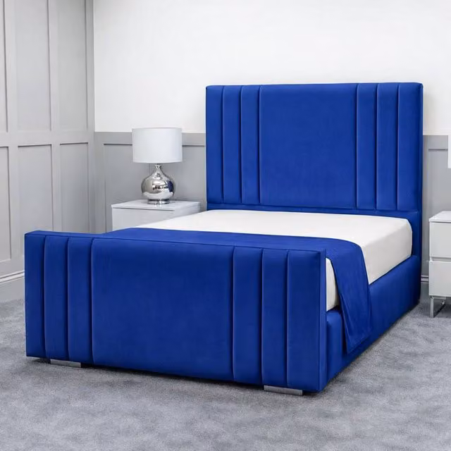 Living Comfort Bedz Canberra Blue Velvet Upholstered Gas Lift Storage Bed with 48 Inch Headboard, Super King, W/D/H: 200 x 200 cm