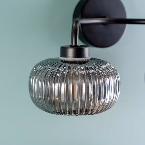 ValueLights Amaia Pair of Matte Black IP44 Rated 2 Way Up and Down Wall Lights with Smoked Grey Ribbed Glass Shades – 4