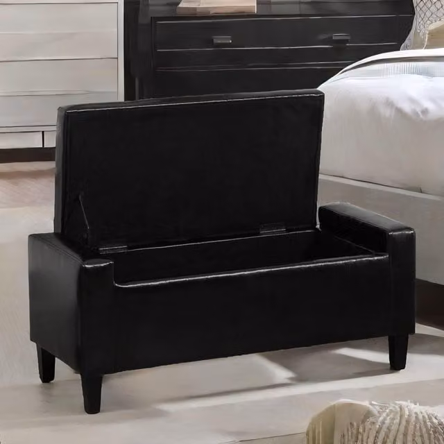 FURNOS Tufted Faux Leather Ottoman Storage Bench in Black, W/D/H: 150 x 40 x 40 cm