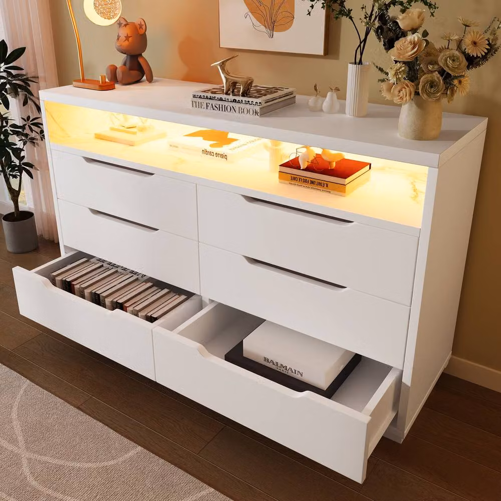 BTM White Marbled 6 Drawer Sideboard with Integrated RGB LED Lighting and Storage Shelves, W: 120 cm, D: 40 cm, H: 85 cm – 4