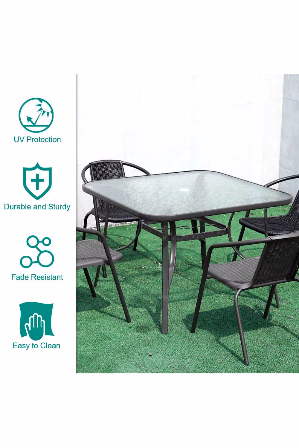 Living and Home Modern Outdoor Garden Dining Table with Black Tempered Glass, W/D/H: 105.0 x 72.0 cm – 3