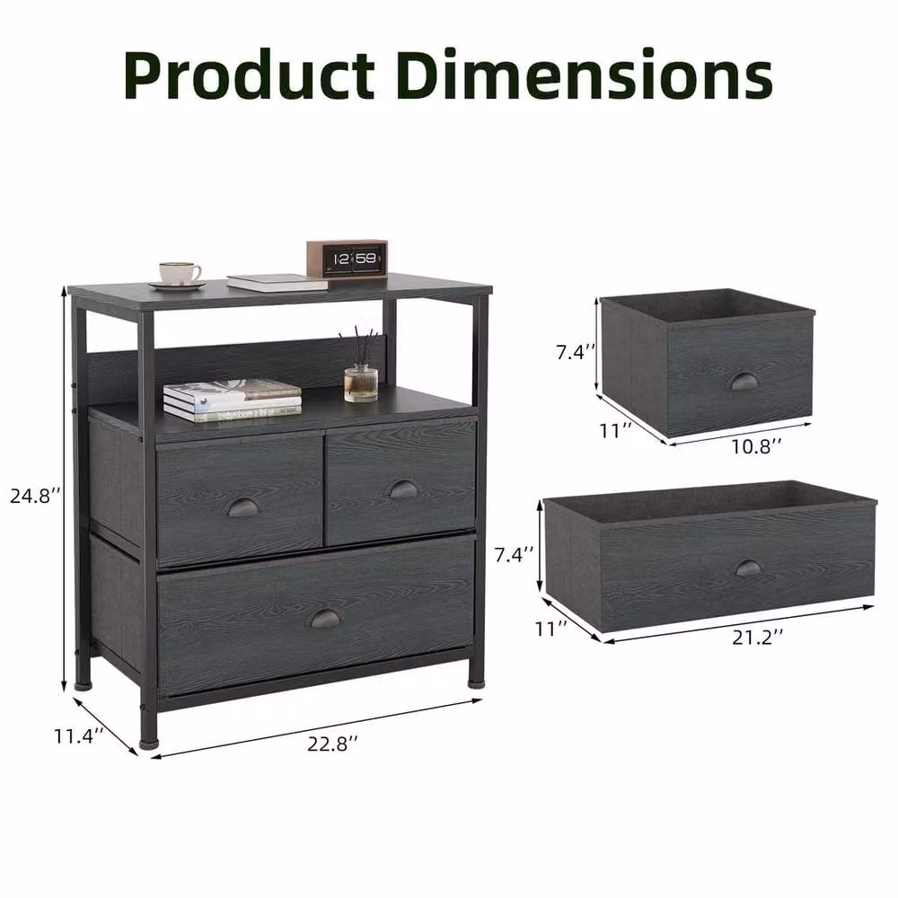 FORGEVIO Modern Black Bedside Table Cabinet with 3 Drawers – 2