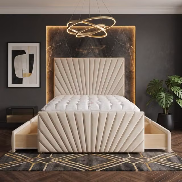 Somnior Beds Ltd Sunrise Velvet Divan Bed with Mattress and Drawers in Beige and Yellow, W/D/H: 140 x 200 x 34.5 cm