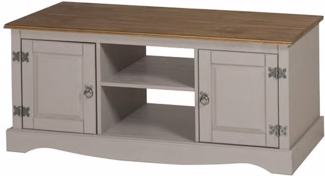 Mercers Furniture Corona Grey Wax 2 Door Media TV Unit in Distressed Grey Pine Wood, W/D/H: 115 x 40 x 52 cm
