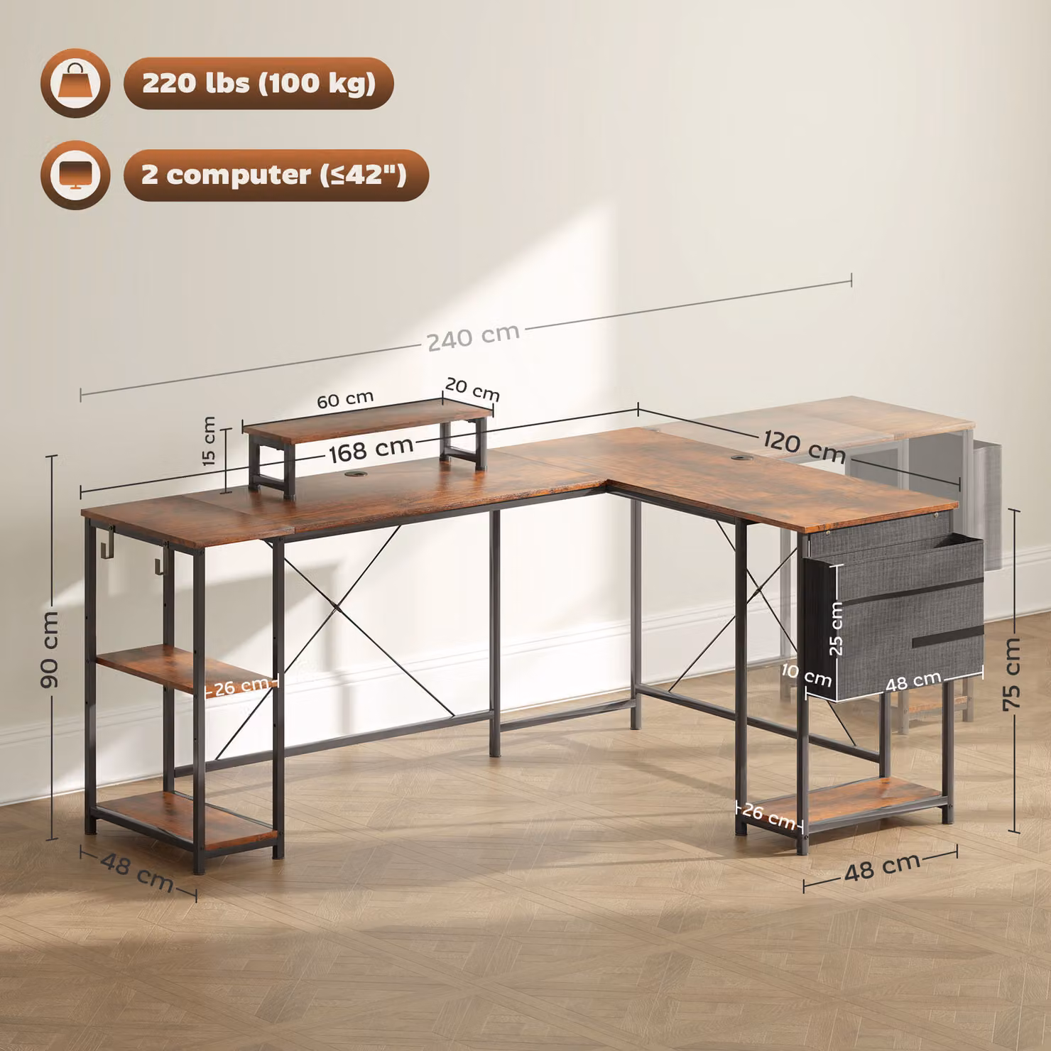 HOMCOM Reversible L Shaped Industrial Corner Computer Desk with Adjustable Shelf and Storage Bag in Rustic Brown, 168 cm – 3
