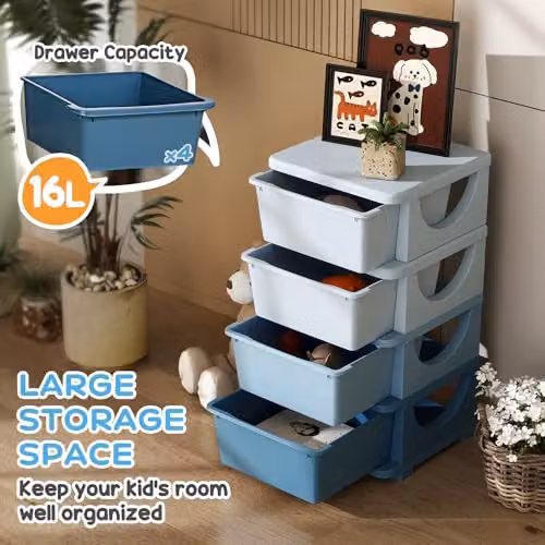 HOMCOM 4 Tier Plastic Kids Toy Storage Unit with 4 Drawers, Blue – 3