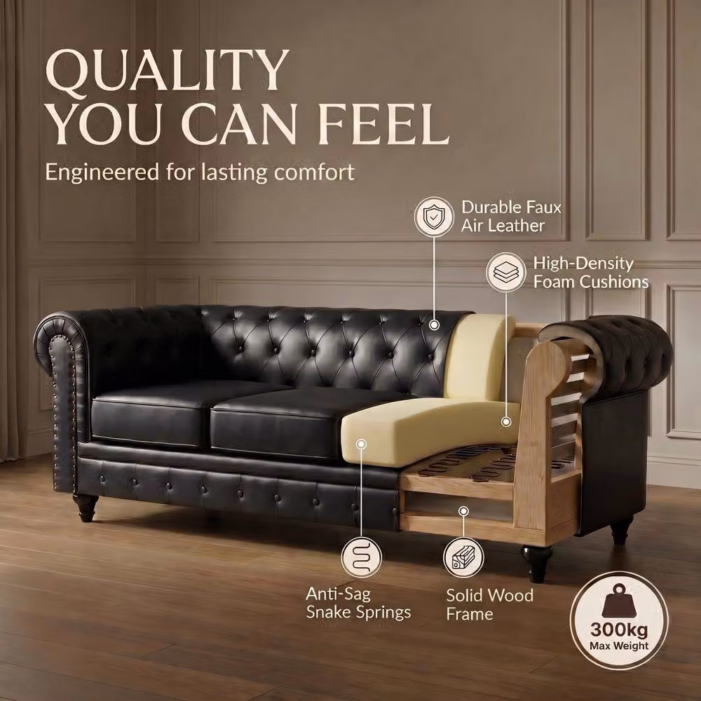 Bravich LTD Chesterfield Scroll Arm Faux Leather Settee, 2 Pack, Black – 4