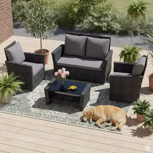 BIRCHTREE 4 Seater Rattan Garden Furniture Set with Sofa, Armchair, Coffee Table and Cushions in Black – 2