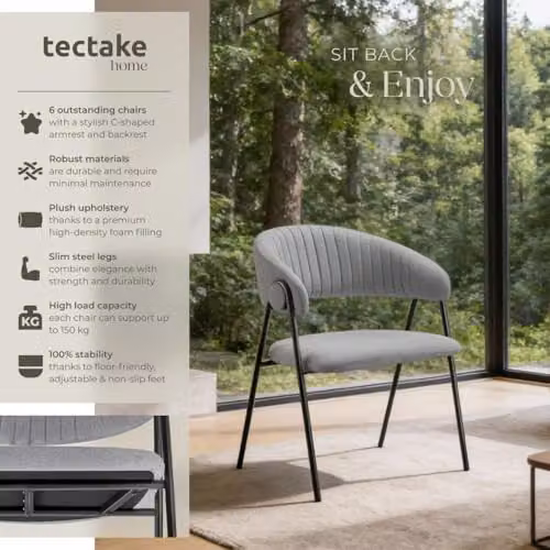 tectake Bedano Set of 6 Dining Chairs in Grey with Fabric Upholstery and Metal Legs – 4