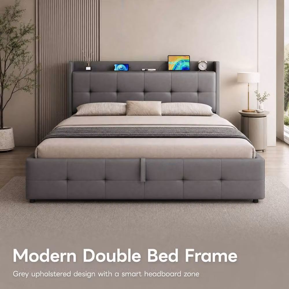 STILVORA Double Ottoman Bed with Storage, USB Charging Port and LED Reading Lights, Grey, W/D/H: 135 x 190 cm – 2