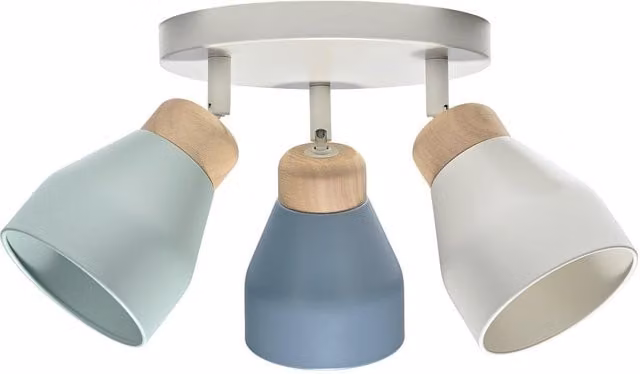 Happy Homewares Scandinavian Triple Spot Ceiling Light in White and Wood with Adjustable Dimmable Dome Shades