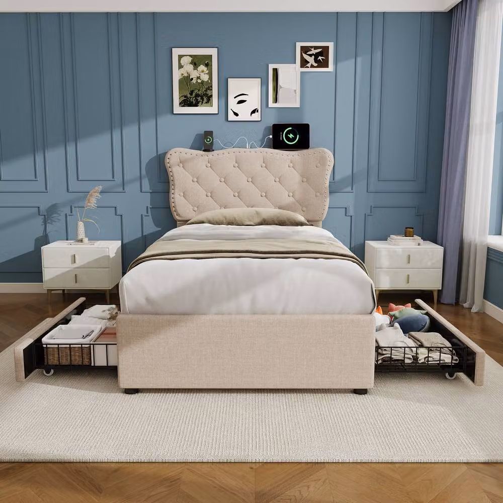 Matteo Single Upholstered Bed Frame with Storage Drawers and USB Charging Port in Beige – 2