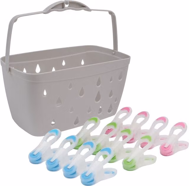 JVL Plastic Peg Basket in Grey with 36 Prism Soft Touch Mini Plastic Pegs in Assorted Colours
